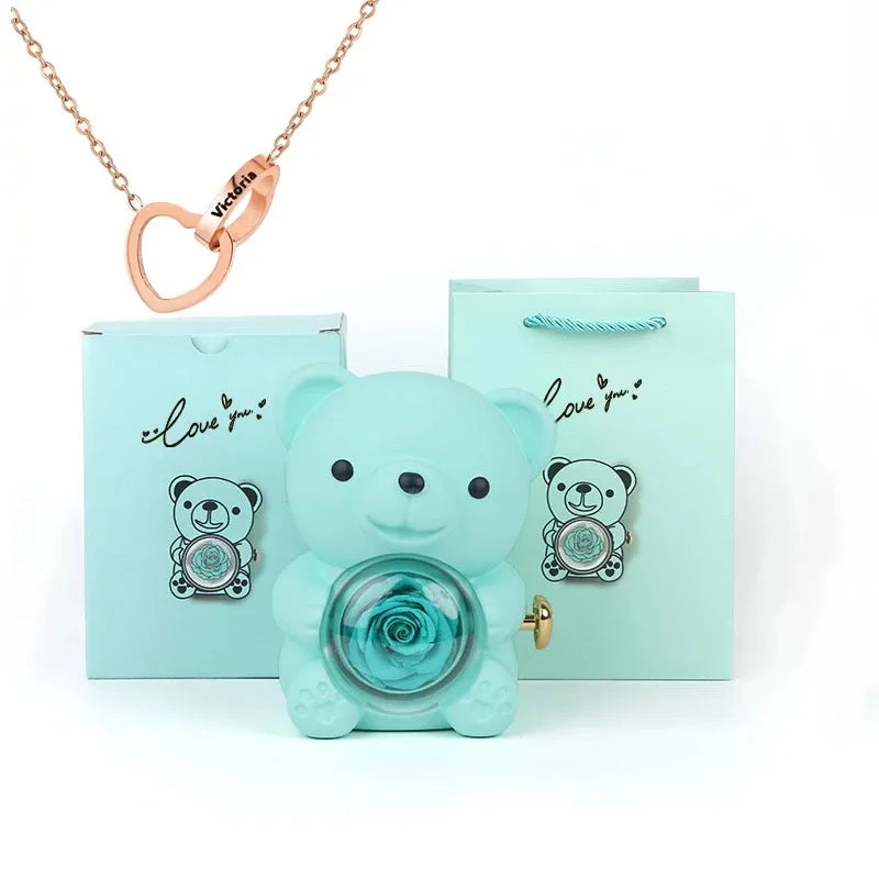 Coffret cadeau ours en peluche à la rose éternelle avec collier